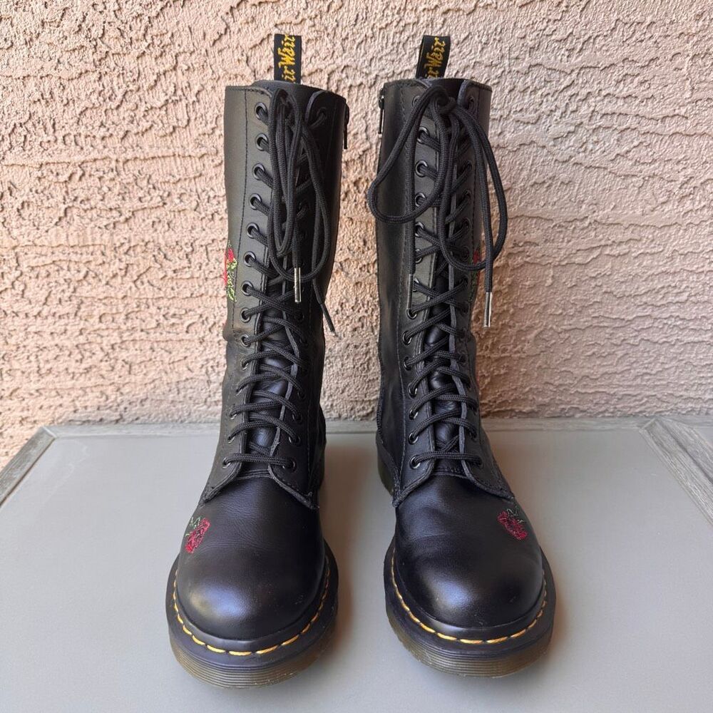 Dr Martens 1914 Vonda 14 Eye Lace Up Tall Boots Black Red Rose Womens 7US/38EU - Picture 2 of 16